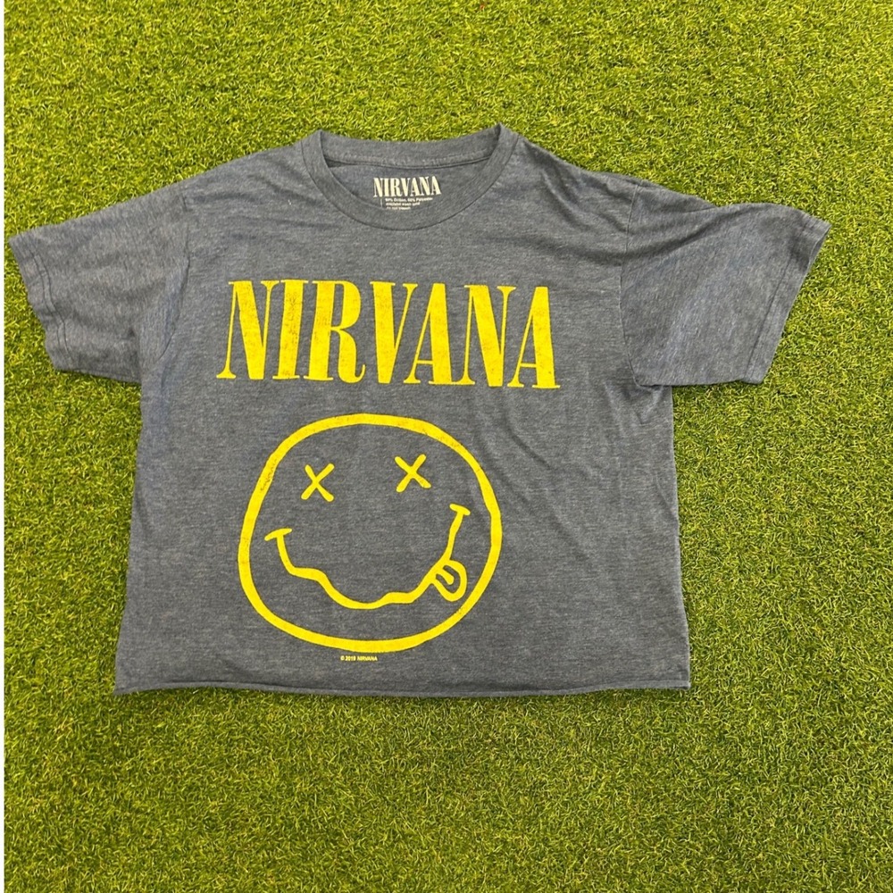 Nirvana Graphic Tee Heather Blue Gray Smiley Face Logo Cropped T-Shirt Medium